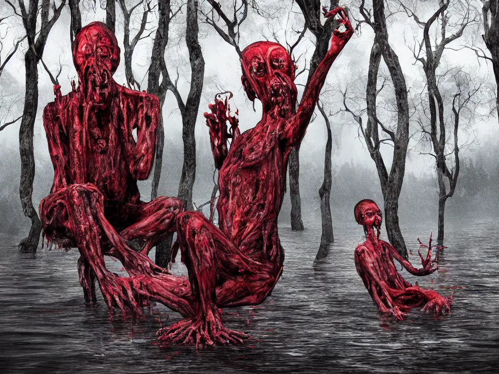 Image similar to a portrait of a man with five heads, twelve arms, sitting on chair made of human limbs, the chair is floating in a lake of blood, around the lake are melting trees, the man's limbs are merging with the trees, digital art, hyperrealistic nightmare scene, supernatural, highly detailed, creepy, terrifying