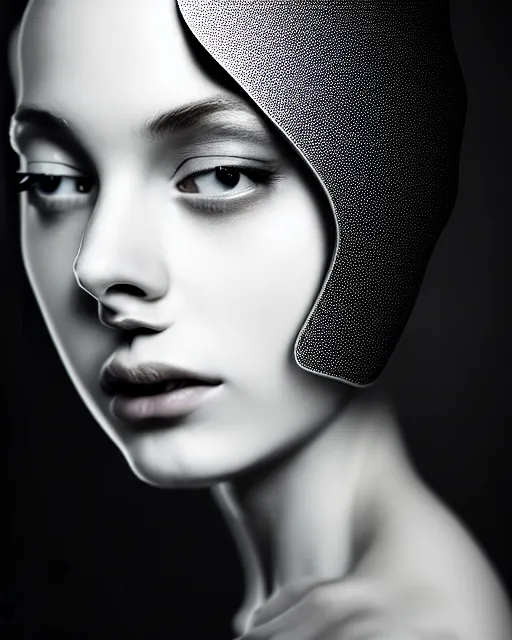 Prompt: black and white dreamy young beautiful female creature vegetal - cyborg high quality portrait photo, microchip skin, artificial intelligence, cinematic, rim light, photo - realistic, elegant, high detail, 8 k, masterpiece, high fashion, photo taken in 1 9 3 0