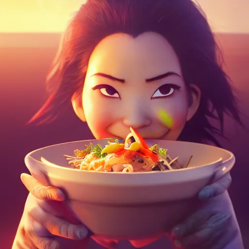 Prompt: movie still macro close photo of happy anonymous holding stirfry to face, by weta disney pixar greg rutkowski wlop ilya kuvshinov rossdraws artgerm octane render iridescent, bright morning, liosh, mucha