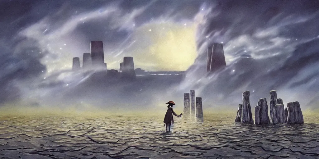 Prompt: a realistic and atmospheric cell - shaded concept art from howl's moving castle ( 2 0 0 4 ) of a multi - colored cube from close encounters of the third kind ( 1 9 7 7 ) over a flooded stonehenge. it is a misty starry night. very dull colors, hd, 4 k, hq