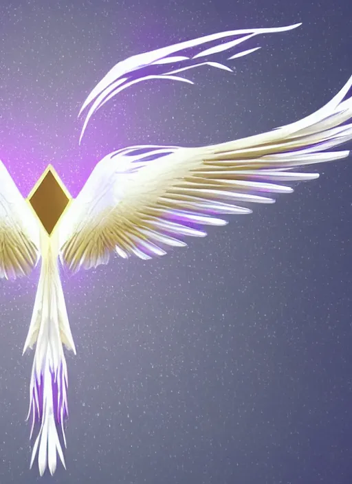 Image similar to white phoenix subtle purple gold white phoenix salt crystals sharp detail 3d render simple background graphic ultra simplified deco design fai khadra gaika style