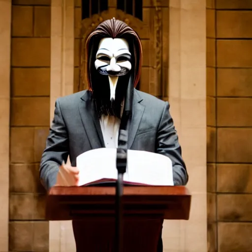 Image similar to man wearing guy fawkes mask at lectern speaking to university hall, photo, cinematic lighting