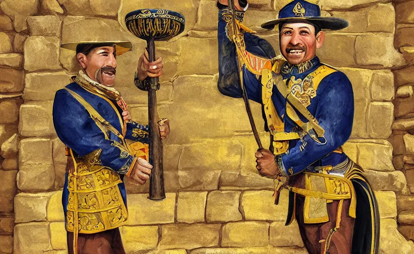 Image similar to smiling spanish conquer soldier holding golden cup on a inca temple, highly detailed, digital painting