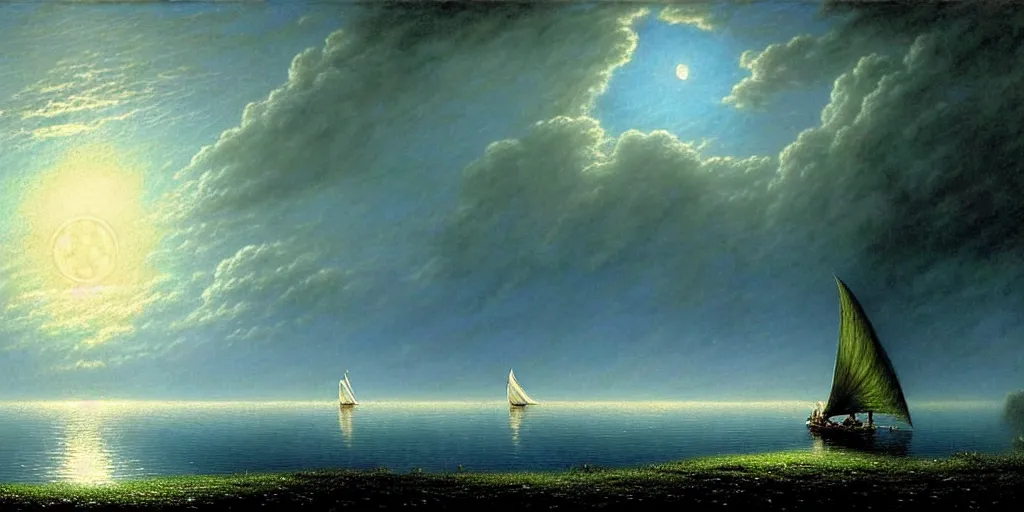 Image similar to an elegant fairy queen in a blue lace dress dancing looking out at a lord of the rings scenery landscape, staring across the sea at a white timber sail boat, evening, highly detailed, vivid colour, soft clouds, full moon, cinematic lighting, perfect composition, gustave dore, derek zabrocki, greg rutkowski, belsinski