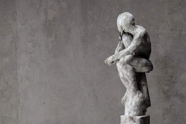 Prompt: a sculpture of a person sitting on top of a chair, a marble sculpture by nicola samori, behance, neo - expressionism, marble sculpture, apocalypse art, made of mist 1 2 3 4 9. 1