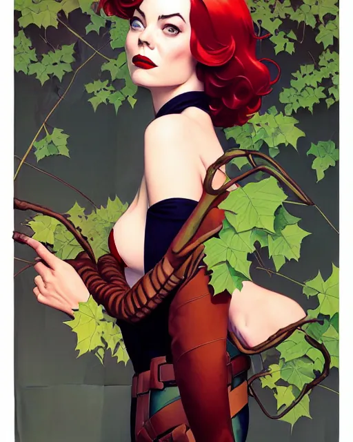 Image similar to joshua middleton, phil noto, norman rockwell, artgerm, rockabilly emma stone poison ivy dc comics, vines, symmetrical eyes, city rooftop