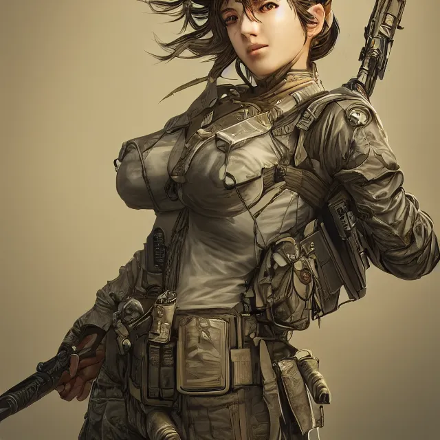 Image similar to the portrait of lawful neutral female futuristic marine sniper as absurdly beautiful, gorgeous, elegant, young gravure idol, an ultrafine hyperdetailed illustration by kim jung gi, irakli nadar, intricate linework, bright colors, octopath traveler, final fantasy, unreal engine 5 highly rendered, global illumination, radiant light, detailed and intricate environment