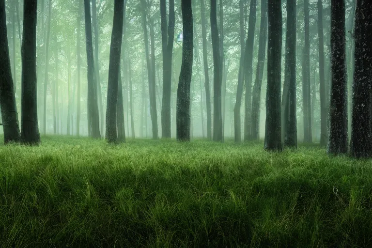 Prompt: meadow of luminous mushrooms Neonothopanus gardneri in the forest, mysterious fog, wee hours, photo realism, Sony a7R