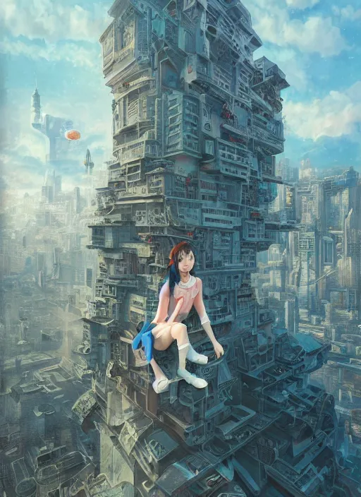 Image similar to breathtaking detailed painting of a giant woman sitting on a miniature city, Atari game cover art by Hsiao-Ron Cheng, James jean, Miho Hirano, Hayao Miyazaki, extremely moody lighting, hyperrealistic, octane render, RPG portrait, ambient light, dynamic lighting