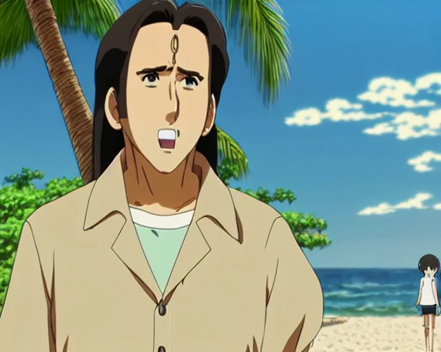 Image similar to anime fine details portrait of joyful Nicolas Cage at beach anime masterpiece by Studio Ghibli. 4k render.