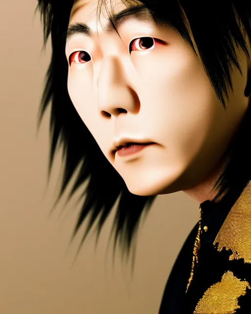 Image similar to a close face - up photography of famous japanese rock singer 尾 崎 豊, highly detailed, 8 k, golden hour