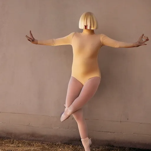 Image similar to sia furler wearing a skin colored leotard full body artistic photoshoot