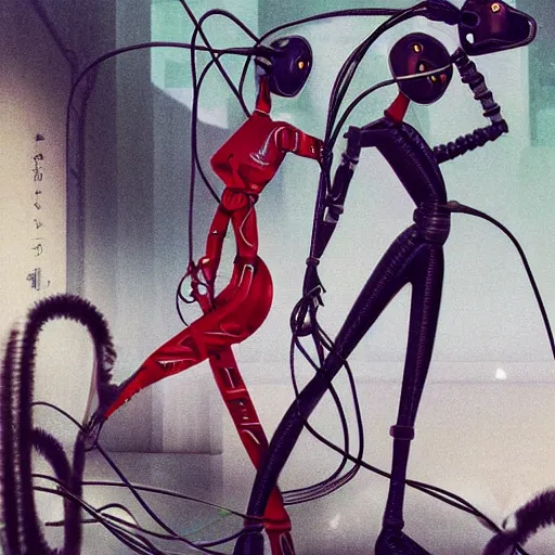 Image similar to ayatori cyberpunk, string figure, robot, lovers, illustration for dior by stina persson and yoshitaka amano