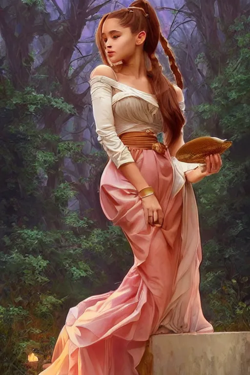 Image similar to beautiful cottagecore Ariana Grande holding a salmon colored vase. intricate, elegant. highly detailed, digital painting, artstation, concept art, smooth, sharp, focus, illustration. . art by artgerm and greg rutkowski and alphonse mucha