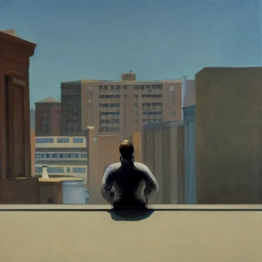 Prompt: a portrait of an astronaut sitting on the edge of a building looking over an empty city, in the style of Edward hopper, 4k,