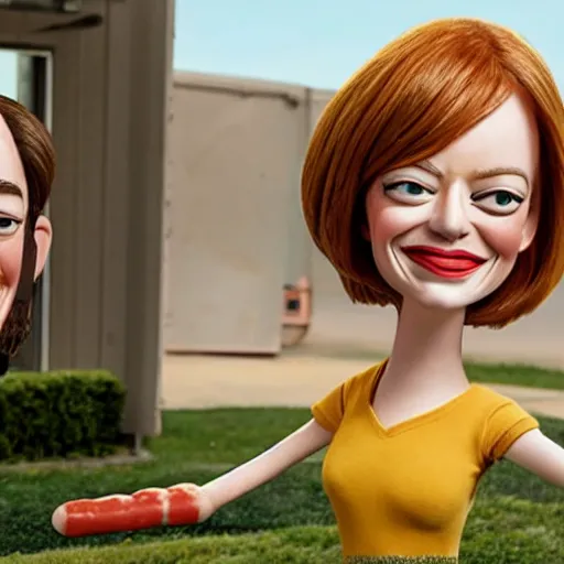 Image similar to hyperrealistic emma stone caricature surrounded by long fat frankfurter sausages by bob byerley and aardman animation, mascot, target reticles