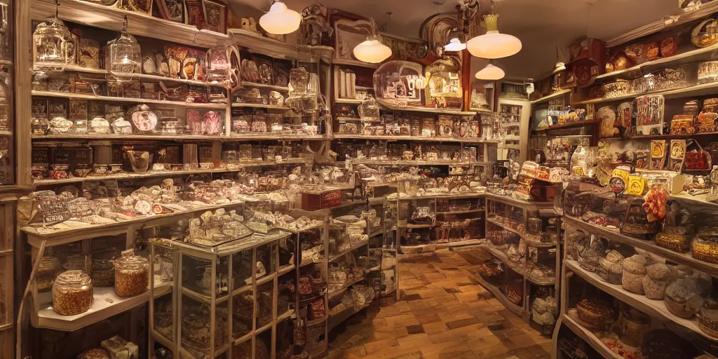 Prompt: Inside an old fashioned sweet shop, sweet jars on shelves, fantasy vendor interior, wide angle, cinematic, highly detailed, cinematic lighting , photorealistic