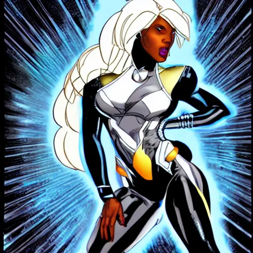 Prompt: aaliyah as storm from the x - men, vector image, comic books style, very detailed, by jim lee, by jae lee, by todd mcfarlane, by rob liefeld