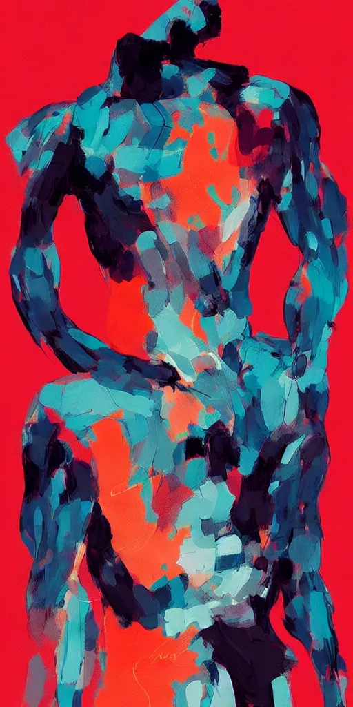 Image similar to abstract flowing brush strokes of the outline of the closeup torso of athletic man posing dramatically with no face in the center of the frame, by conrad roset, dark background, painting trending on artstation