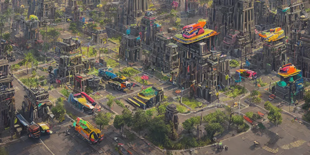 Image similar to hyperrealistic matte painting of aztec temples in a future environment with flying cars, mechanical features and neon, graffiti, scaffolding, smog, destruction by filip hodas, beeple, 4 k, trending on cgsociety