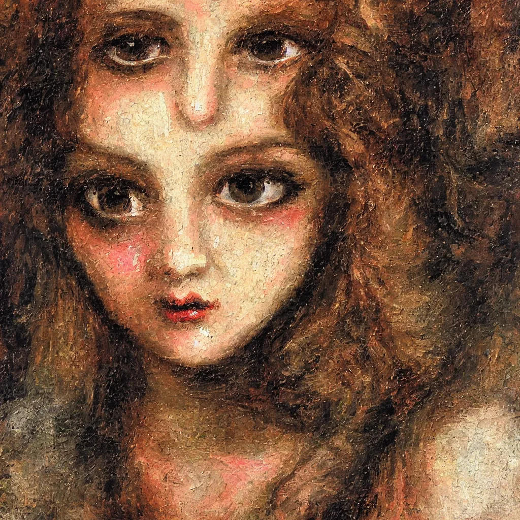 Prompt: Close up view girls face seen through an ornate metal grate painted in the style of the old masters, painterly, thick heavy impasto, expressive impressionist style, painted with a palette knife