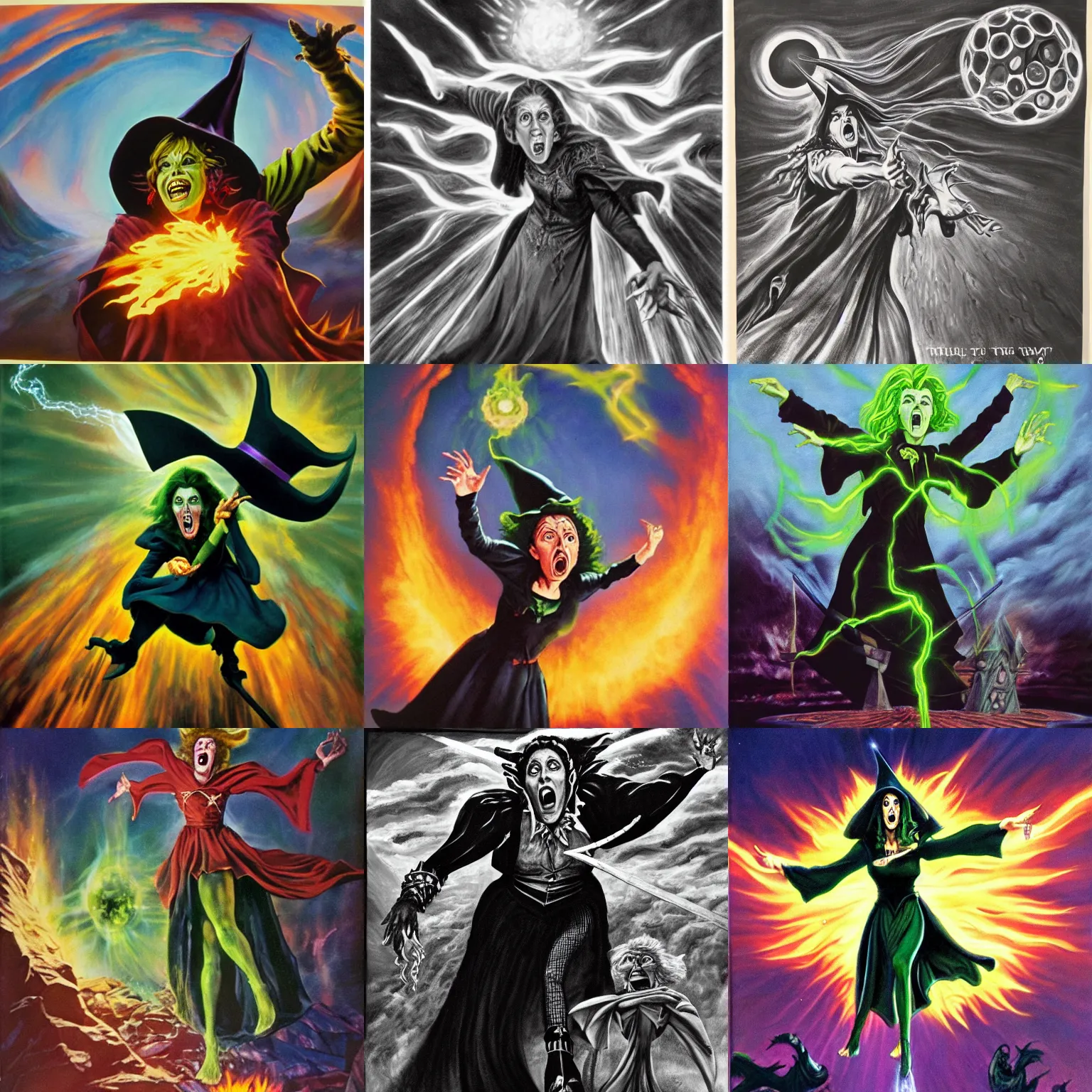 Prompt: epic fantasy painting of the wicked witch of the west summoning magical energy in order to shoot a huge fireball ; action pose, intense screaming expression, oz series, played by margaret hamilton