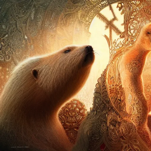 Image similar to capybara surrounded by sacred geometry made from elven architecture, gorgeous, powerful, cinematic, beautifully lit, by artgerm, by karol bak, 3 d, trending on artstation, octane render