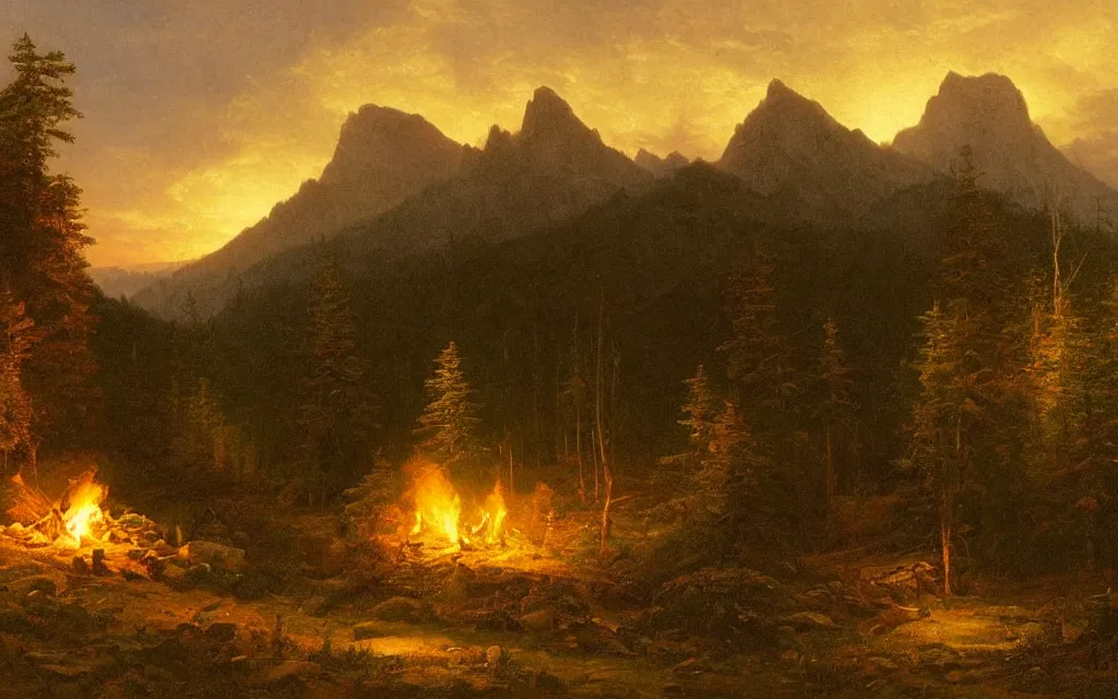 Image similar to small wood cabin with a small campfire on the edge of a forest overlooking a beautiful valley at dusk, sunset in the distance, mountainous backdrop, cinematic lighting, intricate ink illustration, by albert bierstadt