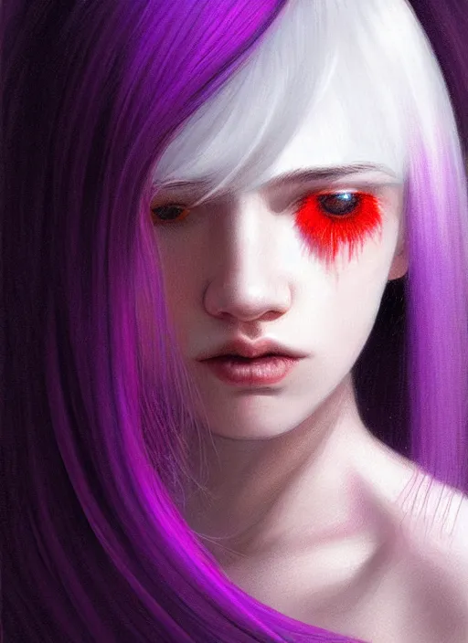 Image similar to hair whitebangs hair, black hair, whitebangs, portrait of teenage girl with white bangs, red irises, purple clothes, white bangs, bangs are different color from hair, intricate, elegant, glowing lights, highly detailed, digital painting, artstation, concept art, smooth, sharp focus, illustration, art by wlop, mars ravelo and greg rutkowski