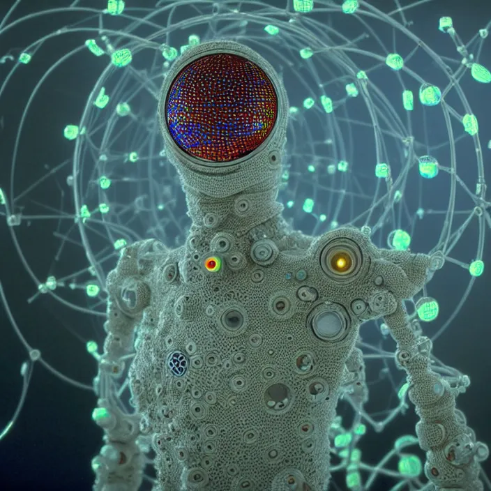 Image similar to a cybernetic symbiosis of a single astronaut mech-organic eva suit made of pearlescent wearing knitted shiny ceramic multi colored yarn thread infected with diamond 3d fractal lace iridescent bubble 3d skin dotted covered with orb stalks of insectoid compound eye camera lenses floats through the living room, film still from the movie directed by Denis Villeneuve with art direction by Salvador Dalí, wide lens,kevlar,carbon fiber,ceramics,gaseous materials,