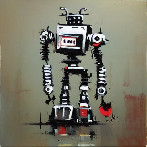 Image similar to oil painting of a robot with decals by ashley wood