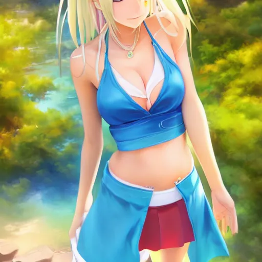 Prompt: full body shot : a very beautiful young blond tennis anime girl, sky blue eyes,, bikini, miniskirt, highly detailed, cinematic wallpaper by stanley artgerm lau