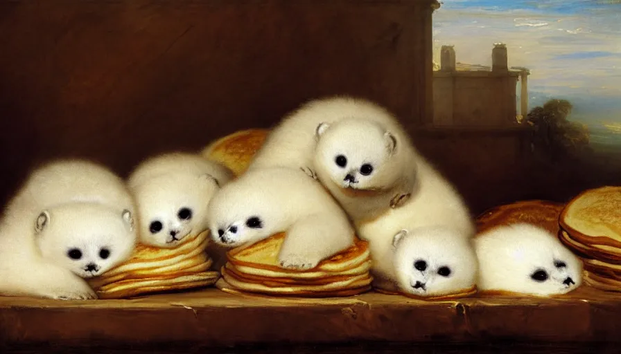 Image similar to highly detailed painting of cute furry white baby seals in a pile of pancakes on a table by william turner, by greg rutkowski, by william constable, thick brush strokes and visible paint layers, 4 k resolution