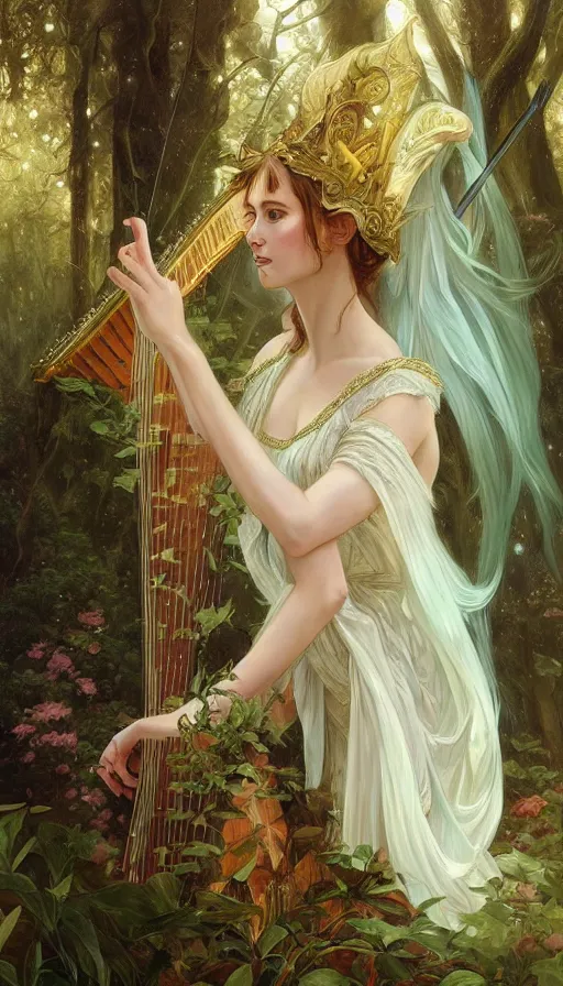 Image similar to portrait of queen of the elves playing a harp, ethereal, expressive pose, intricate dress, fantasy, intricate, forest background, highly detailed, digital painting, artstation, concept art, smooth, sharp focus, illustration, art by artgerm and greg rutkowski and alphonse mucha