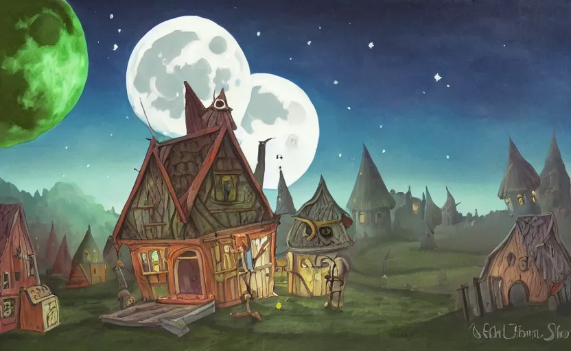 Image similar to a witch's shop against a giant moon, storybook, gouache, flat, concept art, lush