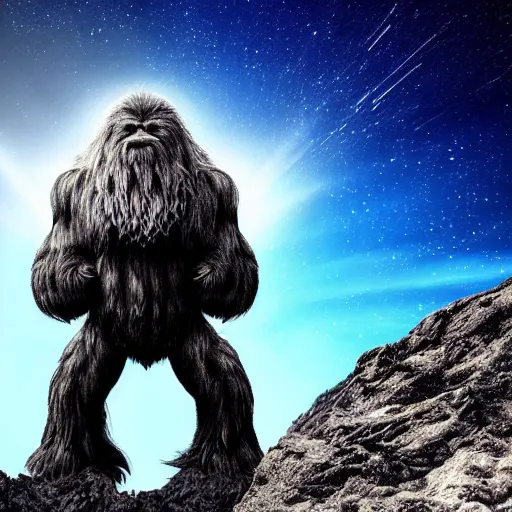 Image similar to muscular yeti on top of a mountain with a galaxy in the sky