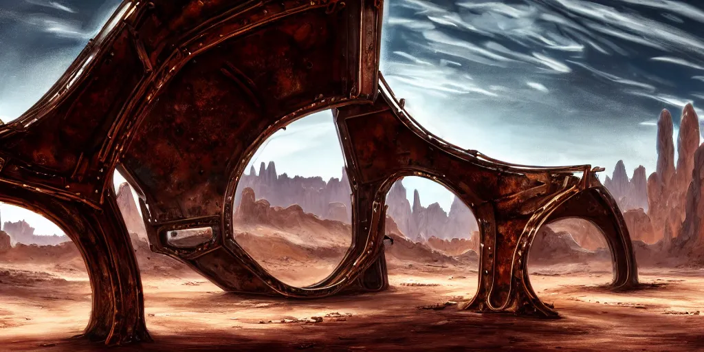 Prompt: a shiny chrome gargantuan underneath a rusted metal archway that spans the sky, desert canyons in background, matte oil painting, science fantasy, biblical, salt dunes, sacred, cybernetic racks, trees, rpg, queer, pride, epic, extremely detailed, sharp focus, 4 k