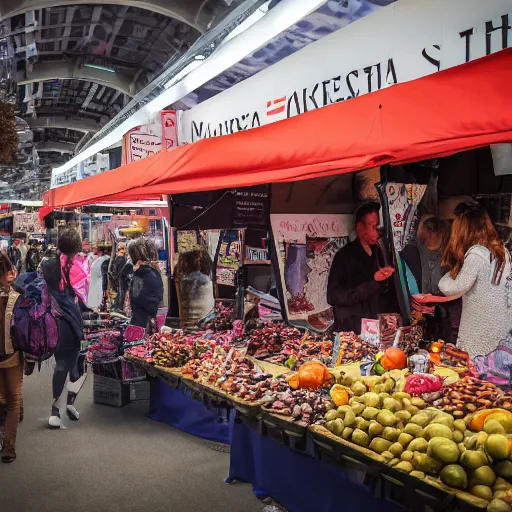 Image similar to a photograph of a market stall at a futuristic trade show in 2 0 5 5, cinematic, dslr