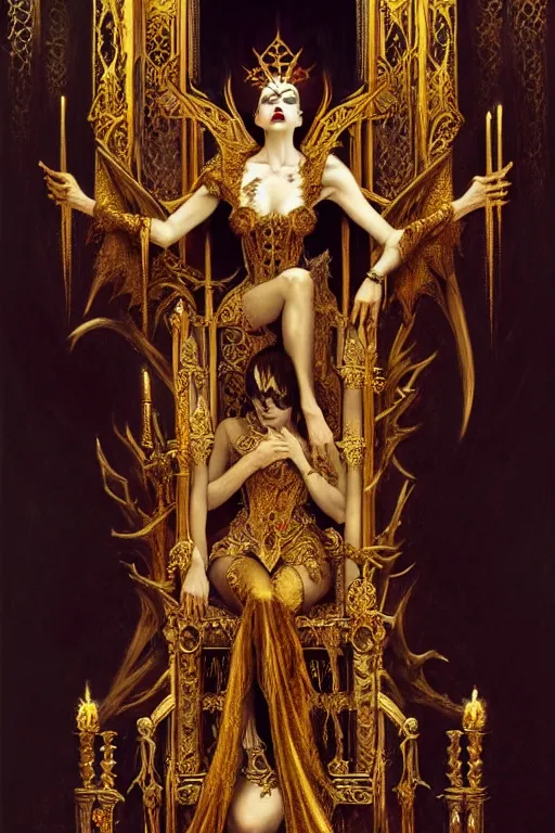 Image similar to perfectly centered portrait of beautiful vampire queen in gold gothic robe sitting on a throne of bones, elegant, ornate, detailed, symmetrical, painting by gaston bussiere, craig mullins, j. c. leyendecker, 8 k, mid shot