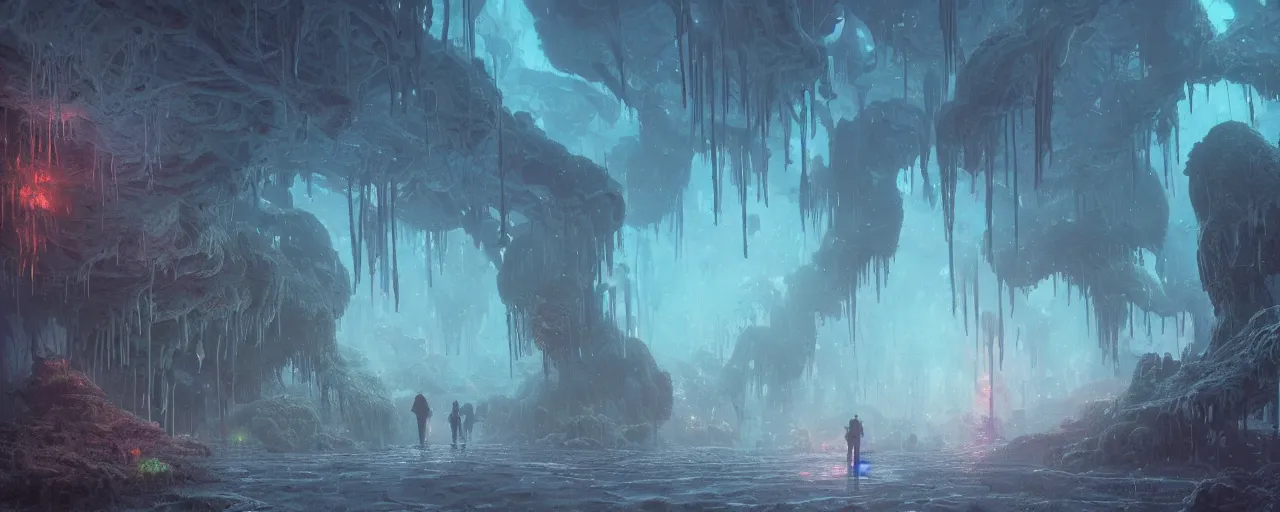 Image similar to ” fog, mycelium, roots, deep cavern, [ moist, wet, dripping, cinematic, detailed, epic, widescreen, opening, establishing, mattepainting, photorealistic, realistic textures, octane render, art by paul lehr ] ”