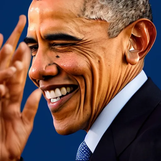 Image similar to Obama has a blue fire engulfing above his hand, Obama is smiling towards the viewer, 40nm lens, 4k,