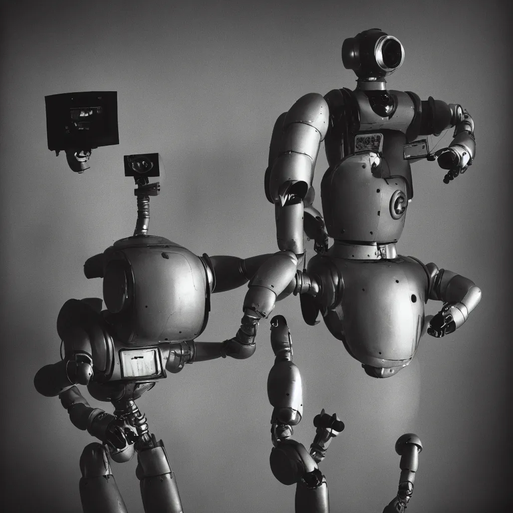 Image similar to studio portrait photo of a 50's robot, 50mm, kodak, backlit, steve mccurry, film