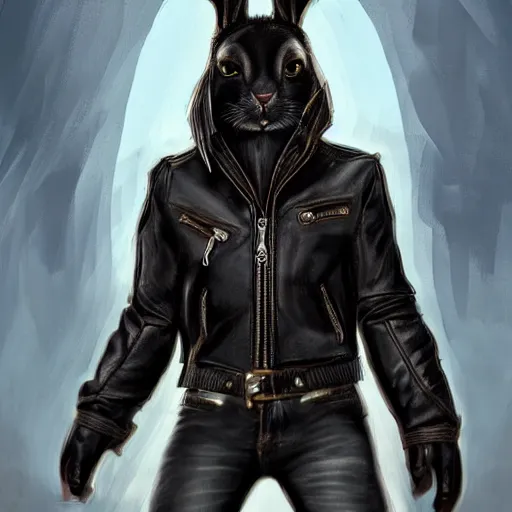 Image similar to A bunny with a small head wearing a fine intricate leather jacket and leather jeans and leather gloves, trending on FurAffinity, energetic, dynamic, digital art, highly detailed, FurAffinity, high quality, digital fantasy art, FurAffinity, favorite, character art