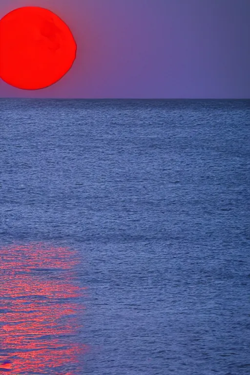 Image similar to red moon reflecting in the sea, night, low angle, realistic photo