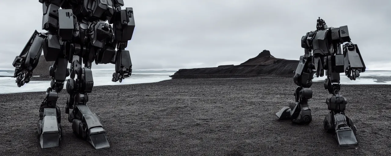 Prompt: low angle cinematic shot of lone futuristic mech in the middle of an endless black sand beach in iceland, icebergs, 2 8 mm