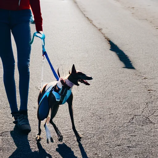 Image similar to greyhound taking a human for a walk, the human is the one on the leash