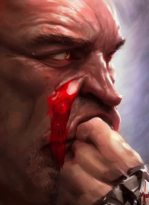 Prompt: Quentin Tarantino drinking a mug of blood, face close up, elegant, digital painting, concept art, smooth, sharp focus, illustration, from StarCraft by Ruan Jia and Mandy Jurgens and Artgerm and William-Adolphe Bouguerea