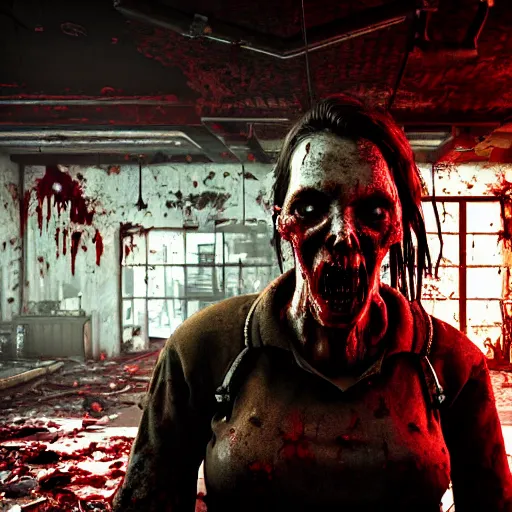 Image similar to fallout 5, butcher angry bloody horror zombie, portrait, indoors dilapidated supermarket interior, atmospheric lighting, intricate, volumetric lighting, grimdark, daytime, sharp focus, deep colours, ultra intricate detailed, octane render, unreal engine, by leesha hannigan, ross tran, thierry doizon, kai carpenter, ignacio fernandez rios