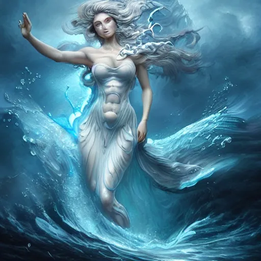 Image similar to powerful goddess of water clothed in swirling water striding through a stormy sea, dress made of water, highly detailed matte fantasy painting, rendered in octane, stormy lighting, by ross tran, by artgerm, by david suh, by peter mohrbacher