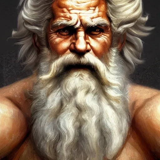 Image similar to painted portrait of rugged zeus, greek god, 4 0 years old, handsome, white hair, soft hair, upper body, muscular, hairy torso, fantasy, intricate, elegant, highly detailed, digital painting, artstation, concept art, smooth, sharp focus, illustration, art by norman rockwell